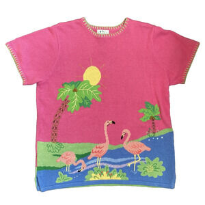Quacker Factory Womens 1X NEW Vintage 90s Flamingo Short Sleeve Coastal Shirt